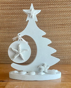 Cement Christmas Tree with Star fish, Shells, beach shelf decor,  Nautical decor, Minimalist,  White concrete, JLK