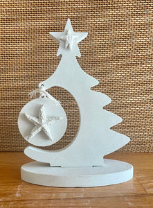 Cement Christmas Tree with Star fish, Shells, beach shelf decor,  Nautical decor, Minimalist,  White concrete, JLK