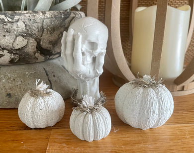 White Cement Hand Held Skull, Pumpkins, Halloween, Autumn, Fall Concrete Decor, JLK