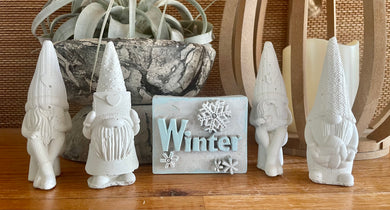Cement Gnomes & Winter Block w/Snowflakes, White Cement winter shelf decor, Christmas Gnomes, JLK