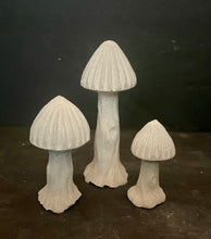 Load image into Gallery viewer, S/3 Cement Mushrooms | Concrete Shrooms | Gnome Garden Mushroom | Optional Riser | HANDMADE | JLK