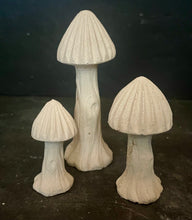 Load image into Gallery viewer, S/3 Cement Mushrooms | Concrete Shrooms | Gnome Garden Mushroom | Optional Riser | HANDMADE | JLK