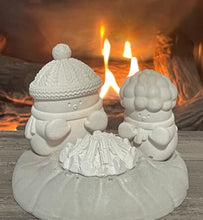 Load image into Gallery viewer, 4pc Set | Cement Snowmen around Fire Logs | Concrete Snowman | Winter | HandMade | JLK