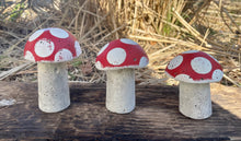 Load image into Gallery viewer, S/3 Cement Mushrooms, Hypertufa Red Cap, Concrete Shrooms, Toadstools, Fairy Garden, JLK