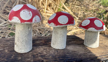 Load image into Gallery viewer, S/3 Cement Mushrooms, Hypertufa Red Cap, Concrete Shrooms, Toadstools, Fairy Garden, JLK